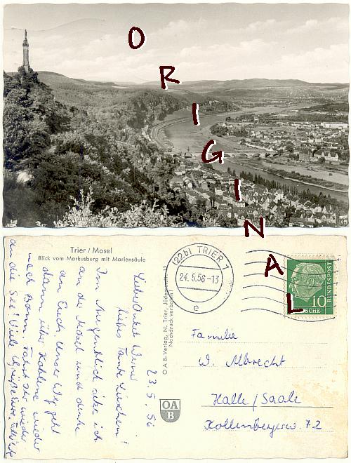 TRIER (Rheinland-Pfalz) Mosel, Fotokarte, Glanzkarte Blick vom Markusberg 1956 gelaufen - 4,00 Eur