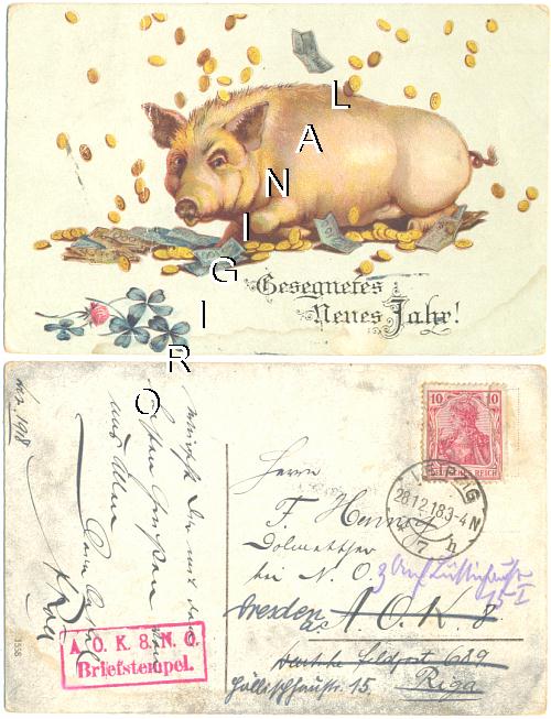 LITHO SCHWEIN 1918 gel. NEUJAHR "Beinahefeldpost" - 12,00 Eur