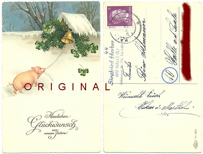 AK LITHO SCHWEINCHEN lutet die Glocke 1944 gelaufene Neujahrskarte - 8,00 Eur