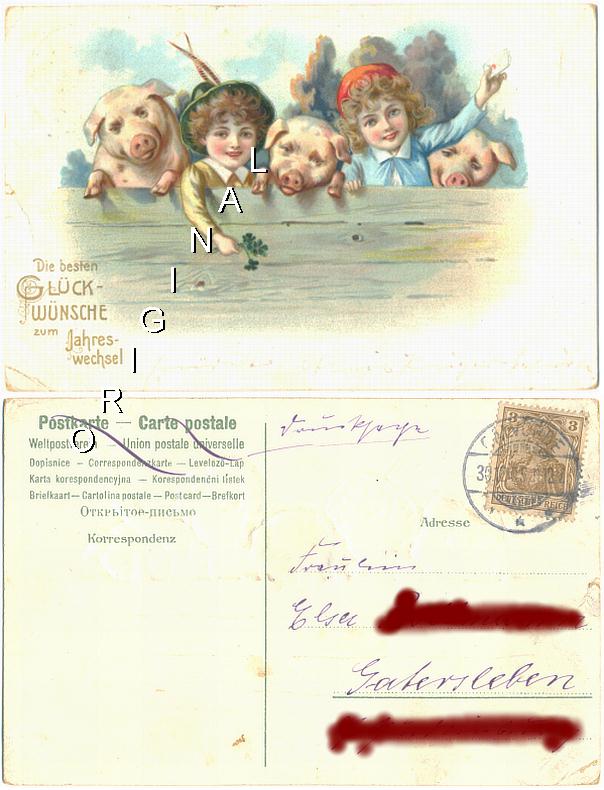Geprgte LITHO Kinder SCHWEINCHEN 1905 gel. NEUJAHR - 12,00 Eur