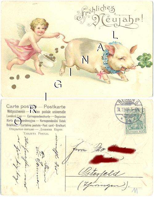 Geprgte LITHO Engel SCHWEIN Geld 1909 gel. NEUJAHR - 12,00 Eur