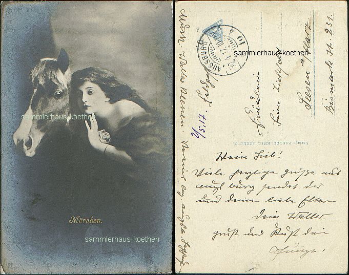 Pferd (3) mit Frau FELDPOST Augsburg 1917 - 5,00 Eur