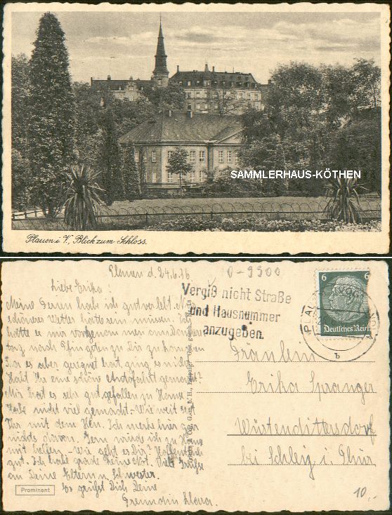 PLAUEN im Vogtland (Sachsen) Blick zum Schloss, 1936 gelaufen - 5,00 Eur