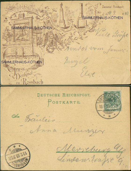 Denkmal zu Rossbach, 2
                                      Ansichten, 1893(! Vorlufer)
                                      gelaufen - 40,00 EUR