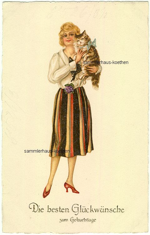 Katze (1) Frau mit Katze LITHO GEBURTSTAG - 5,00 Eur