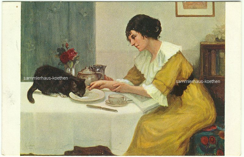 Katze (2) auf dem Tisch 1918 Schweiz-Deutschland gelaufen - 5,00 Eur