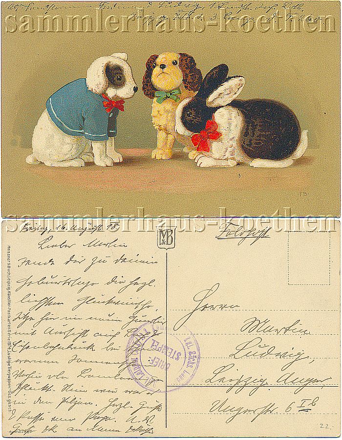 Die seste Tierkarte Hunde und Kaninchen Feldpost 1918 LITHO - 15,00 Eur