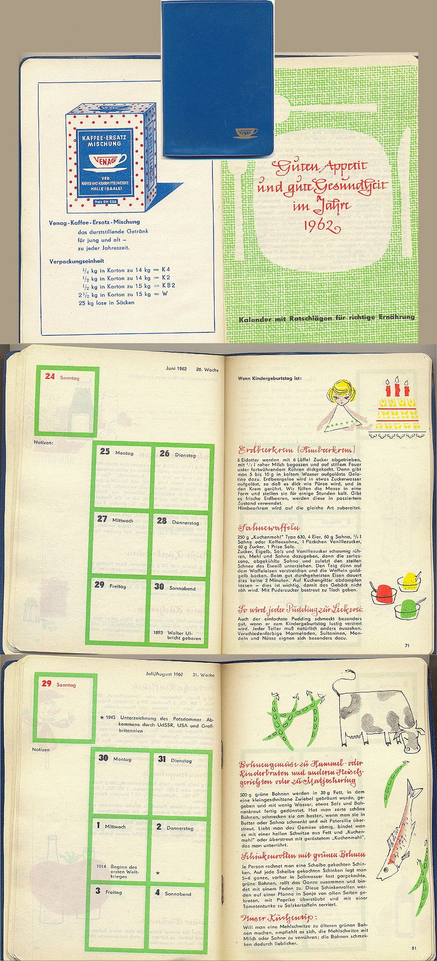 VENAG Kalender 1962 Ernhrung, Rezepte liebevoll illustriert - 6,00 Eur